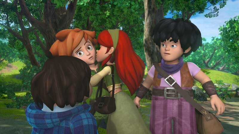 Gwendolyn bedankt sich mit einem Kuss bei ihrem Helden, Robin Hood. Tuck und Little John sind auch gleich an der Reihe. – Bild: ZDF und Method Animation, DQ Entertainment, Fabrique d’images, ZDF Enterprises, De Agostini