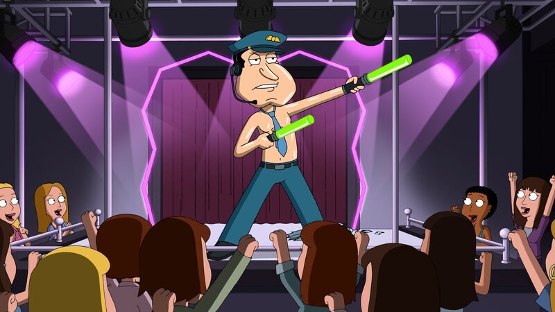 Nachdem der Pilot Quagmire (M.) auf einem Junggesellinnenabschied mit einem Stripper verwechselt wird, findet er Gefallen und Nutzen an seinem neuen Nebenjob. – Bild: Fox