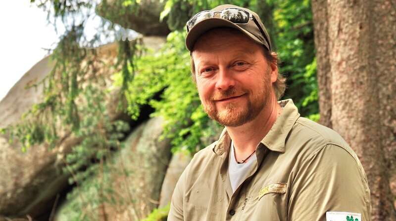 Ranger Ronald Ledermüller unterwegs im Felsenlabyrinth Luisenburg.; Fledermausbeobachtung bei Wunsiedel. Die Adern der Flügel sind bei jedem Tier einzigartig.; Eine Kreuzotter wird im neu angelegten Biotop freigelassen. – Bild: BR/​Tangram International GmbH/​Hannes Schuler