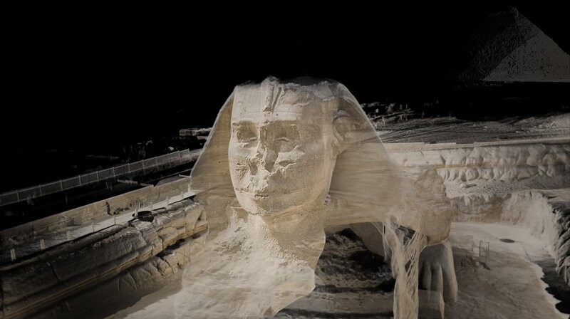 Anhand eines 3D-Scans des Gesichts der Sphinx wollen Michael Scott und sein Team herausfinden, welcher Pharao hier verewigt wurde. – Bild: phoenix/​ZDF/​ScanLAB Projects