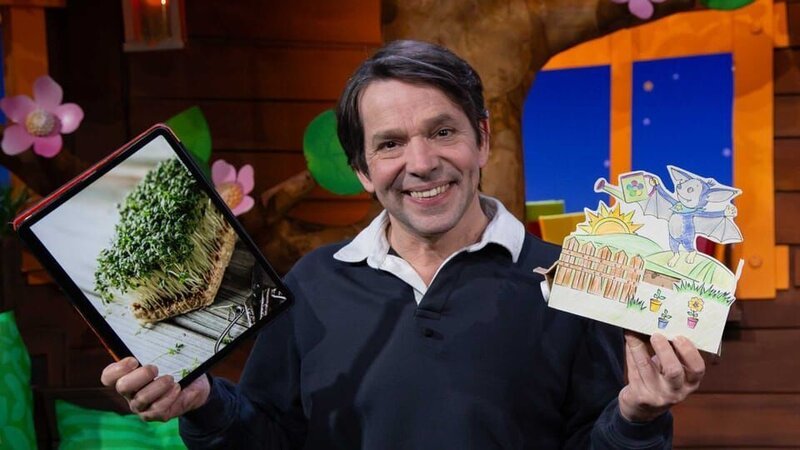 Juri hat einen Garten als Fensterbild gebastelt. Dafür lässt er frische Kresse wachsen. – Bild: KiKA