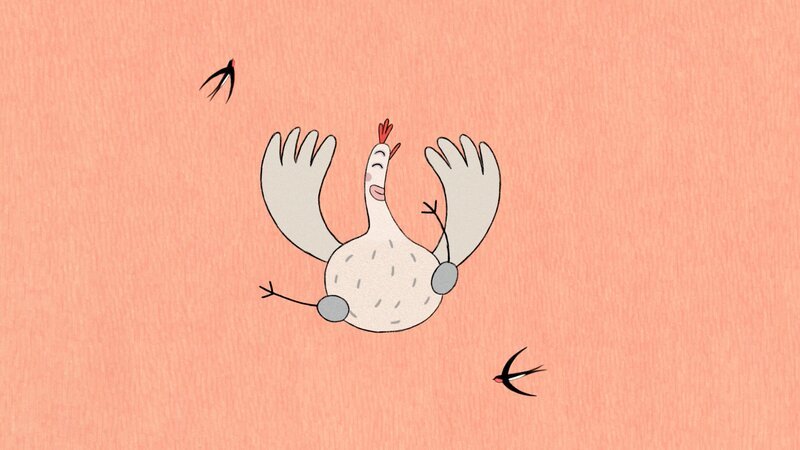 Obwohl Hühner eigentlich nicht fliegen können, hat unser weißes Huhn den Absprung vom Dach gewagt. Hoffentlich kommt es heil auf der Erde an! – Bild: Studio FILM BILDER GmbH /​ ZDF