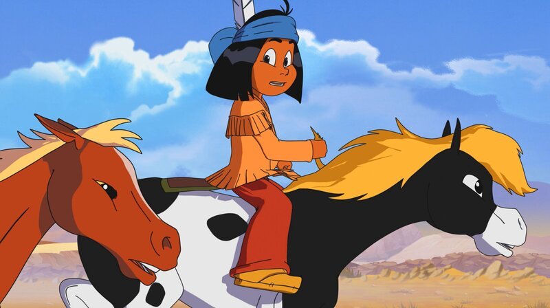 Yakari auf seinem Pony Kleiner Donner flieht mit dem Fohlen Feuerpfeil vor den Kojoten. – Bild: WDR/​Ellipsanime Productions/​Belvision/​Les Cartooneurs Associés/​2 Minute