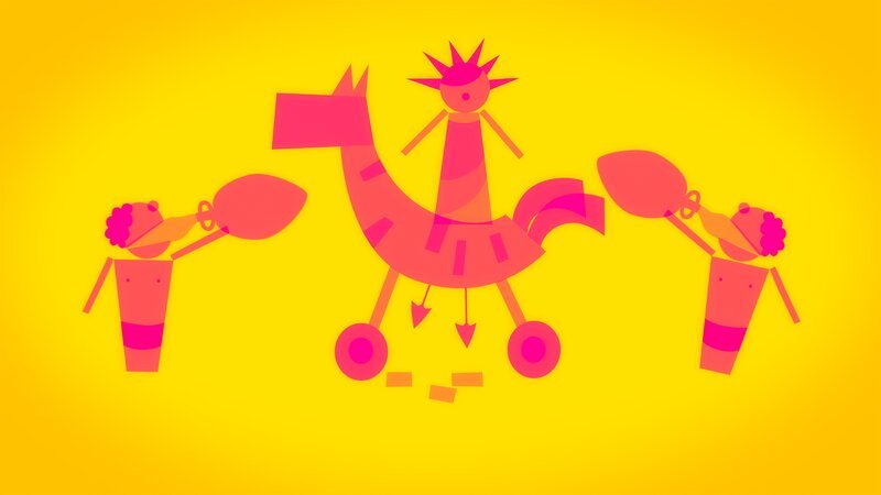 Die Seherin Kassandra versucht, die feiernden Trojaner vor den Griechen zu warnen, die sich im Innern des Trojanischen Pferdes verbergen. Weil der Gott Apollon sie verflucht hat, glaubt ihr niemand. – Bild: ZDF und xkopp creative