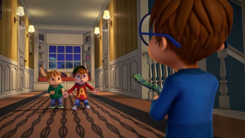 Simon (r.) stellt Alvin zur Rede: Warum spielt er Dave so üble Streiche mit Rosie? Alvin (hinten r.) versucht, sich zu erklären. – Bild: TM & Bagdasarian Productions