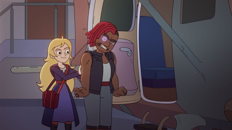 Gudrun manipuliert Brunhild auf magische Weise, um ihr Flugzeug zu benutzen und dem Elfen Alfur zu entkommen, der sie verfolgt. – Bild: NDR/​Compass Films