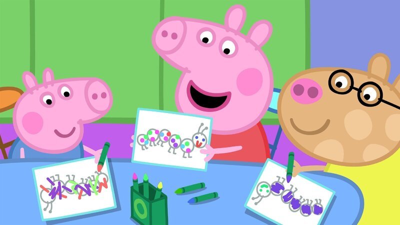 Heute besucht Doktor Hamster die Spielgruppe, um den Kindern Raupen und Schmetterlinge zu zeigen. Schorsch (li.) und Peppa (mi.) malen Bilder von den bunten Raupen. – Bild: RTL