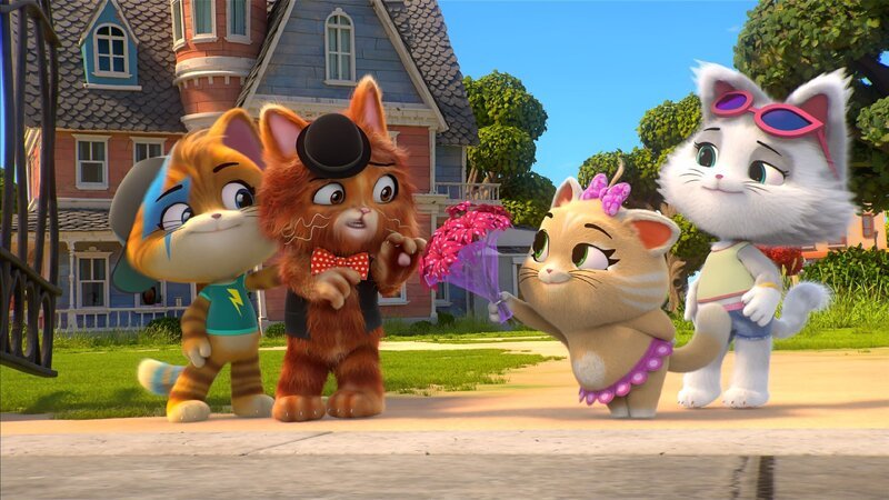 Die Buffycats üben mit Stink, wie er das Herz der piekfeinen Katzendame Snobine erobern kann. – Bild: Rainbow S.r.l.