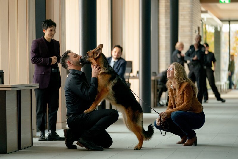 L-R: Detective Kai Huang (Cihang Ma), Rex (Diesel vom Burgimwald), Sidney Scott (Megan Follows) – Bild: Shaftesbury Rex V Inc. /​ Lindsay Sarazin