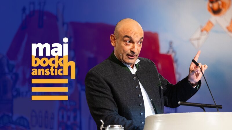 Key Visual/​Cover Sendereihenbild mit Typo zu „Maibockanstich“ mit Django Asül. Das erste Fass Maibock wird angezapft und die Starkbier-Saison eröffnet. – Bild: Raphael Kast /​ BR