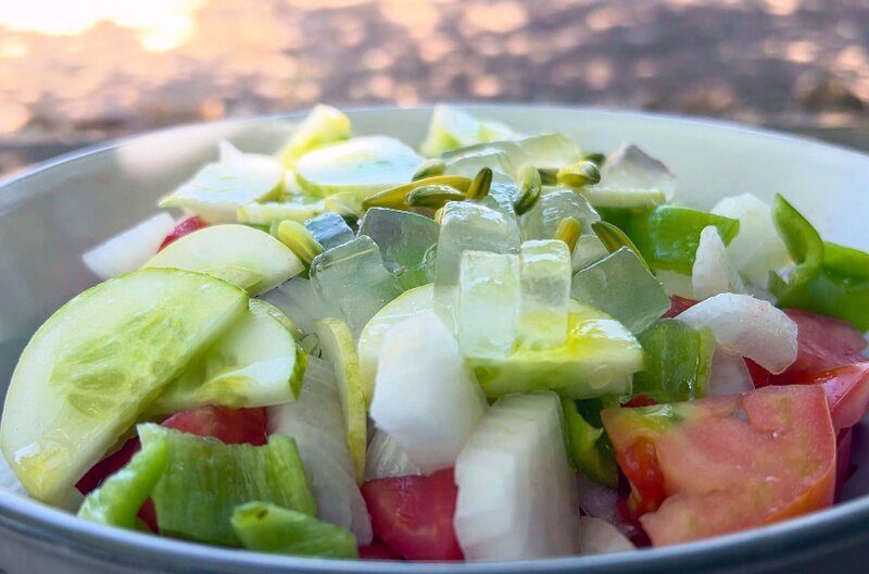 Ibiza: Für einen Aloe-Vera-Salat wird das Gel aus der Pflanze gelöst und das Blatt in Streifen geschnitten, beides mit Gemüse gemischt und angerichtet. – Bild: Elephant Doc