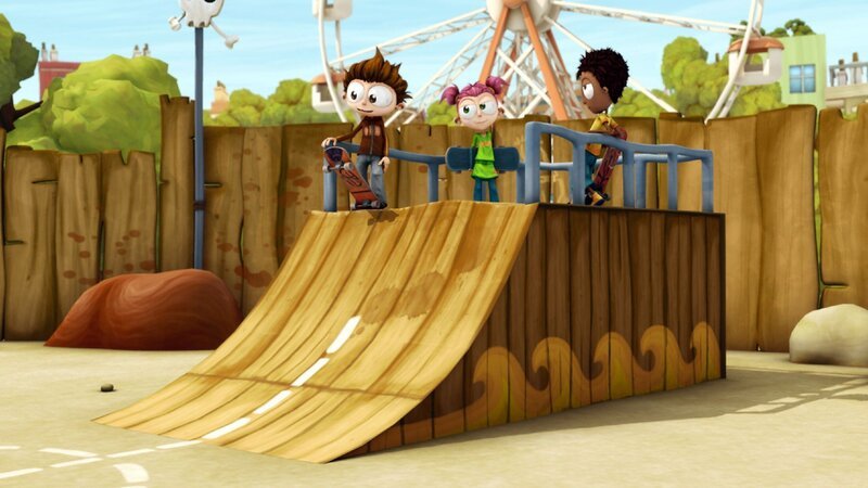 Im Freizeitpark fahren Angelo und seine Freunde Skateboard. Besonders toll an diesem Tag: Der große Ollie Van Dunk wird heute eine Stunde dort sein und die Boards seiner Fans signieren. – Bild: Super RTL