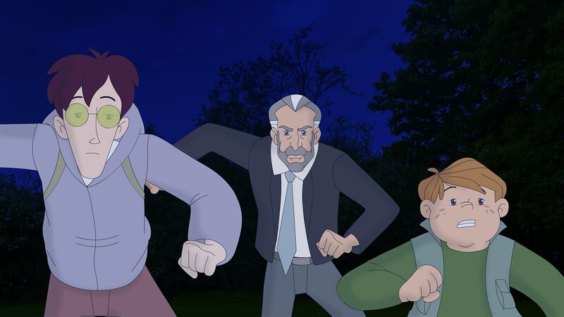 Karl und Klößchen nehmen Reißaus vor dem aufgebrachten Mr. Hutton! Er versteht keinen Spaß, wenn man ihm die krummen Geschäfte vermasselt. – Bild: ZDF/​Neue Trickompany