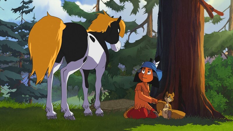 Das Flughörnchen hat sich bei einem Wettrennen verletzt. Yakari und sein Pony Kleiner Donner helfen ihm. – Bild: WDR/​Ellipsanime Productions/​Belvision/​Les Cartooneurs Associés/​2 Minute