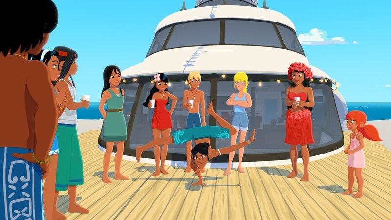 Clarissa (3.v.l.) hat ihre Freunde zu einer Party auf der Jacht ihres Onkels Van Krook eingeladen. Auru (4.v.l.) führt stolz seine Tanzkünste vor und hofft, dadurch Clarissa zu beeindrucken. – Bild: KiKA