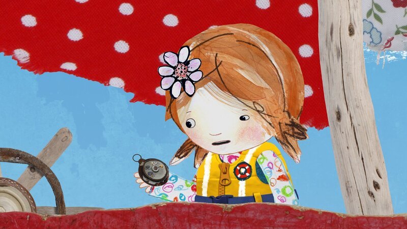 Lily findet ein Barometer. Auf Strandschatz Eiland zeigt es plötzlich auf „Sturm“ und Salty sieht einen Notfall. – Bild: KiKA/​Sixteen South