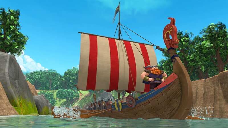 Die Wikinger sind bei ihren Eroberungsfahrten im Sherwood Forest gelandet. Wikingerfürst Harald (r.) will sofort das Dorf plündern. – Bild: Method Animation /​ ZDF /​ ZDF Studios /​ KidsMe