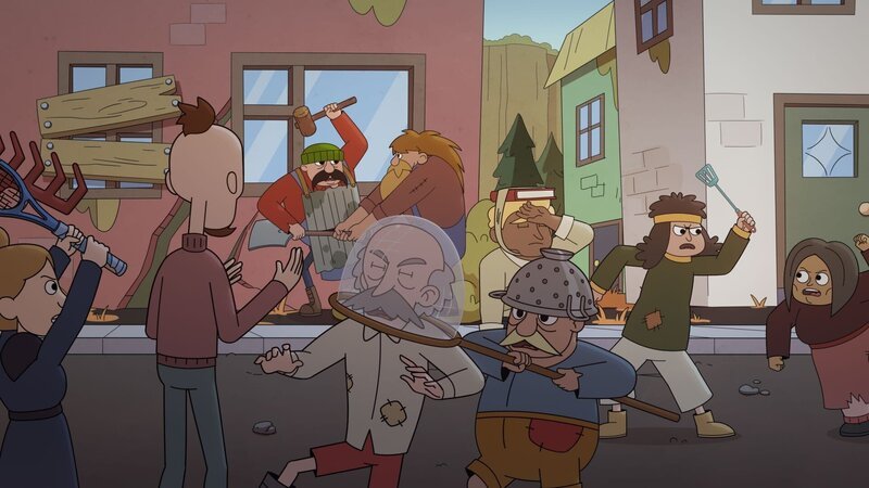 Die Bewohner von Vikurby und von Helluberg kämpfen mit Küchengeräten und Tennisschlägern um die gestohlenen Lebensmittel. – Bild: NDR/​Compass Films