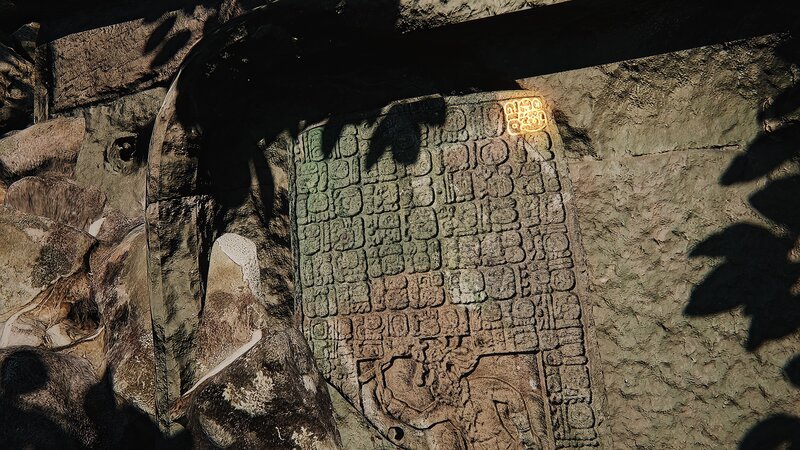 Die geschnitzte Steintafel, die in den Ruinen der Akropolis entdeckt wurde. Diese Tafel wäre eine von vielen Schnitzereien gewesen, die die Akropolis schmückten. Die Hieroglyphen erzählen die Geschichte von der Gründung eines Königreichs namens Sak Tz’Äôi’Äô oder Weißer Hund. – Bild: National Geographic