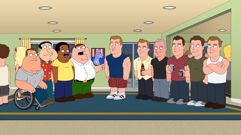 Peter (4.v.l.) und seine Freunde Joe (l.), Quagmire (2.v.l.) und Cleveland (3.v.l.) haben die lauten Partys ihres neuen Nachbarn Rob Gronkowski (M.) endgültig satt und stellen ihn zur Rede … – Bild: Fox and its related entities