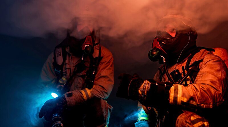 Duisburg in den frühen Morgenstunden: Noch vor Sonnenaufgang schlagen Flammen aus dem Fenster eines Mehrfamilienhauses. In der Brandwohnung erschwert dichter Rauch die Sicht, so dass die Feuerwehrleute die Brandursache zunächst nicht ausfindig machen können. – Bild: WDR/​Sebastian Drolshagen