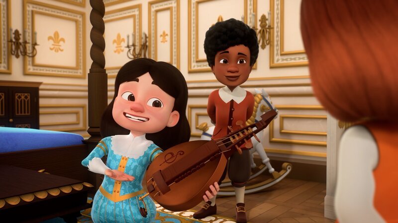 Der König (rechts) führt stolz seine wertvolle Drehleier vor. Leider ist die Musik, die er damit macht, grauenvoll. – Bild: Method Animation – Paloma /​ ZDF