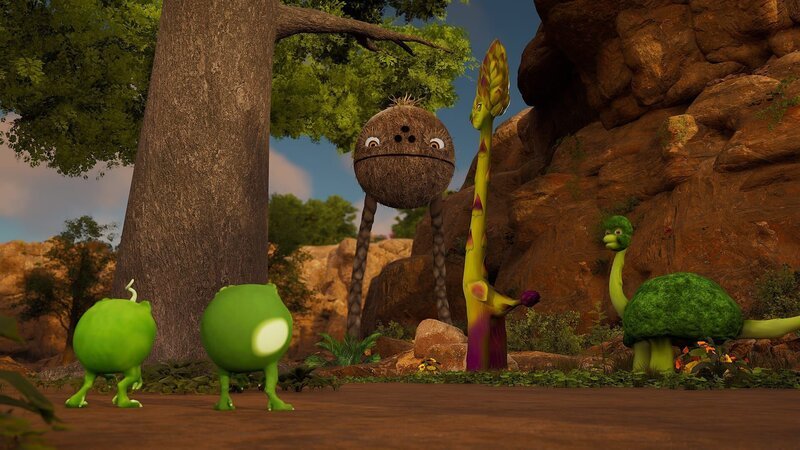 Diese Truppe von Vegesauriern will Ginger vom Baum holen. – Bild: ZDF