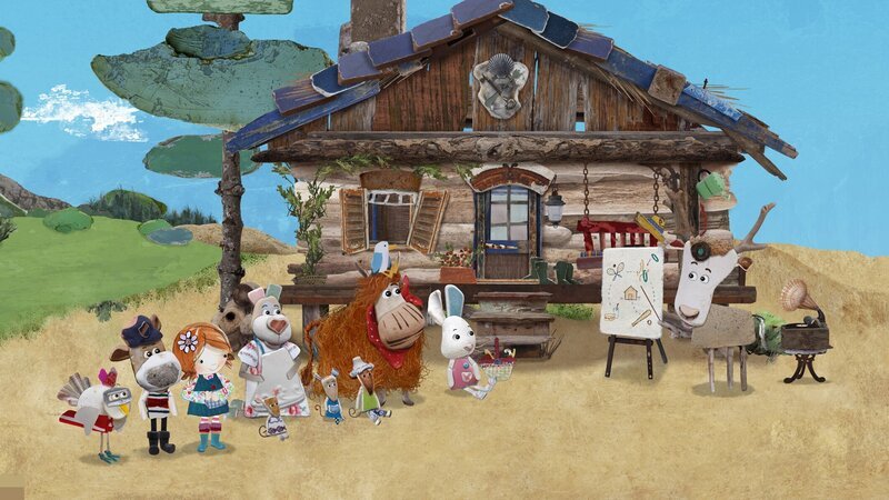 Lord von Hirsch erklärt das Tages-Programm (von links nach rechts: Henne Jette, Salty, Lily, Nonna, die Quietsche-Mäuse, Pelle, Barne, Flöckchen und Lord von Hirsch). – Bild: KiKA/​Sixteen South