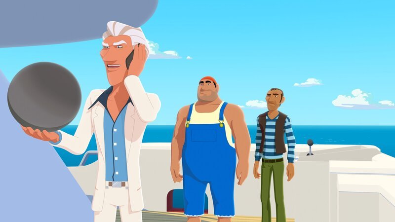 Van Krook (l.) hat Biff (M.) und Rico (r.) die Perle Poemari von der Insel Maotou stehlen lassen. Nun will er die wertvolle Perle meistbietend verkaufen. – Bild: KiKA