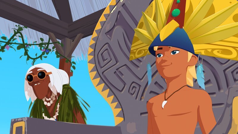 Yann (r.) wurde zum Chef des Dorfes ernannt und soll den Dorfvorsteher Papa Tuanaku für einen Tag vertreten. Der Schamane Ramana (l.)  unterstützt ihn dabei. – Bild: ZDF/​Media Valley/​Marzipan Films