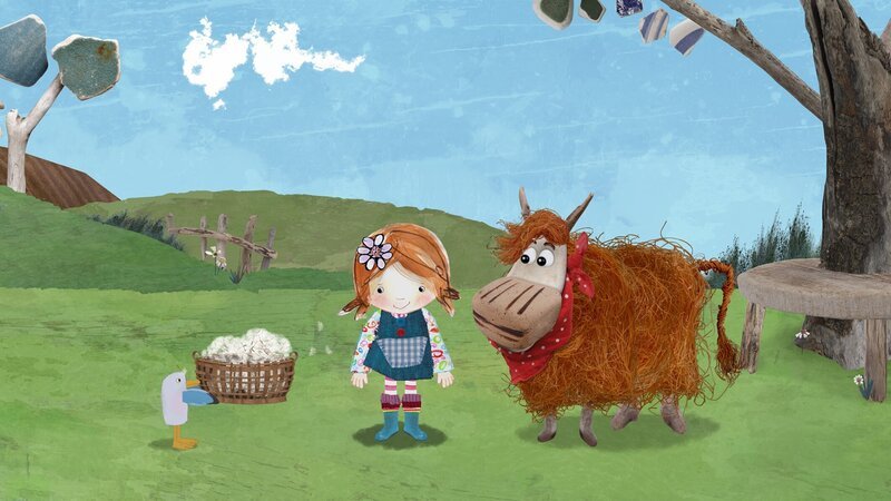 Pelle, Lily und Barne sammeln die lustigen, fluffigen Dinger in einem Korb ein. – Bild: KiKA/​Sixteen South