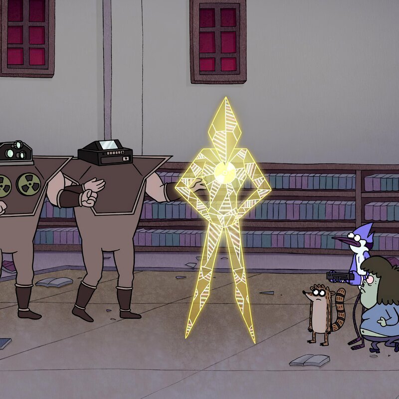 Guardians of Obsolete Formats (l.), Rigby (3.v.r.), Mordecai (2.v.r.), Muscle Man (r.) – Bild: MAX Hungary