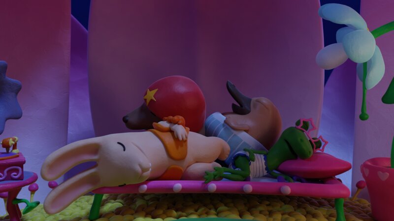 Gemeinsam schlafen: (v.l.n.r.) Bio, Tüftel, Karli, Nö-Nö und Undine. – Bild: hr/​Miam/​Autour de minuit