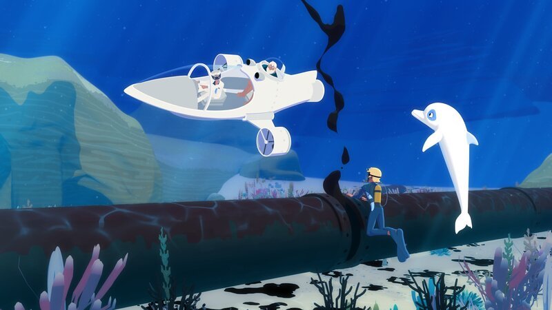 Yann (2.v.r.) und Zoom (r.) haben die lecke Stelle in der Unterwasser-Pipeline gefunden und Van Krook und Onkel Patrick sind mit dem U-Boot unterwegs, um das Leck zu dichten. Sollte das nicht gelingen, droht eine Ölpest vor der Küste von Maotou. – Bild: KiKA