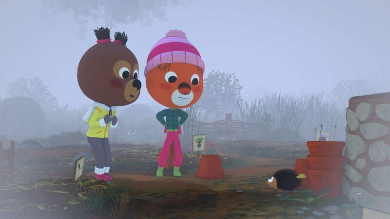 Edmund und Luzie treffen im Nebel auf Bommel, den Igel. – Bild: hr/​MIAM! Animation