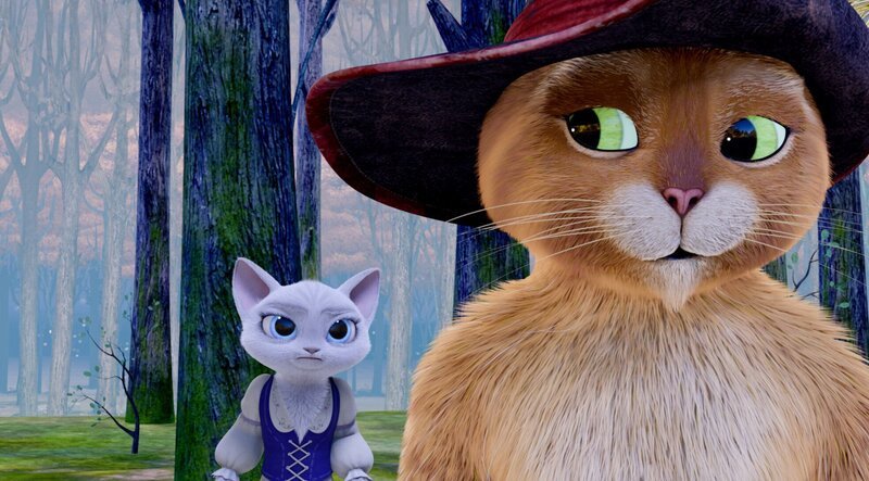 Dulcinea (l.) erzählt dem gestiefelten Kater von ihrem Verdacht und bittet ihn um Hilfe. – Bild: ORF/​Universal