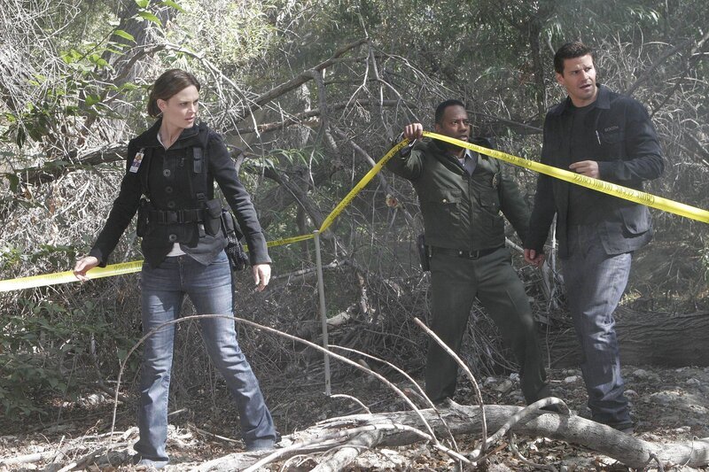 Nachdem eine kopflose Leiche im Wald aufgefunden wurde, arbeiten Booth (David Boreanaz, r.) und Brennan (Emily Deschanel) mit dem Förster Doug Edison (Terrell Clayton) zusammen. – Bild: RTL /​ FOX