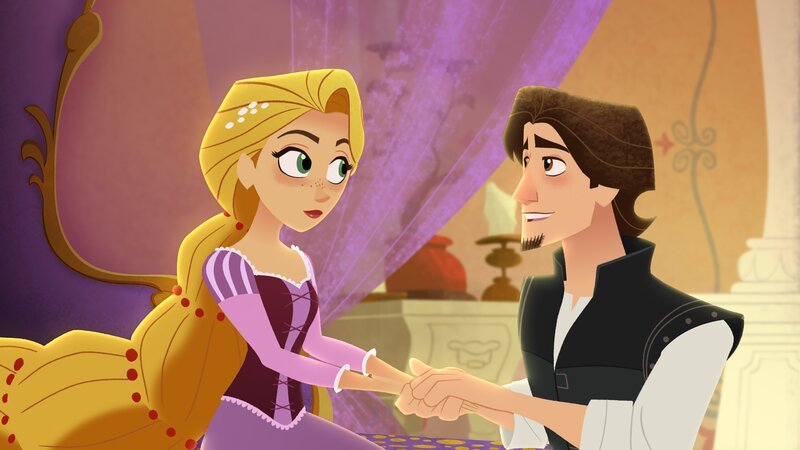 TANGLED: THE SERIES – „What the Hair?!“ – Rapunzel and Cassandra venture out to a wizard’s cottage to try and find out what has happened to her hair. RAPUNZEL, EUGENE – Bild: Disney Channel /​ Disney Enterprises, Inc.