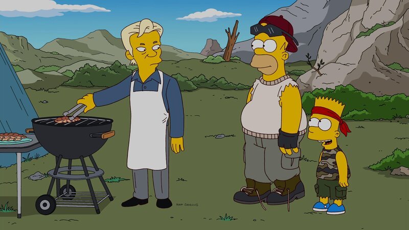 Homer (M.), Bart (r.), Marge, Maggie und Lisa verlassen ihre Heimatstadt Springfield und schließen sich einer autarken Gemeinde außerhalb der Stadt an. Dort treffen sie auf Julian Assange (l.), der ihr neuer Nachbar wird … – Bild: und TM Twentieth Century Fox Film Corporation