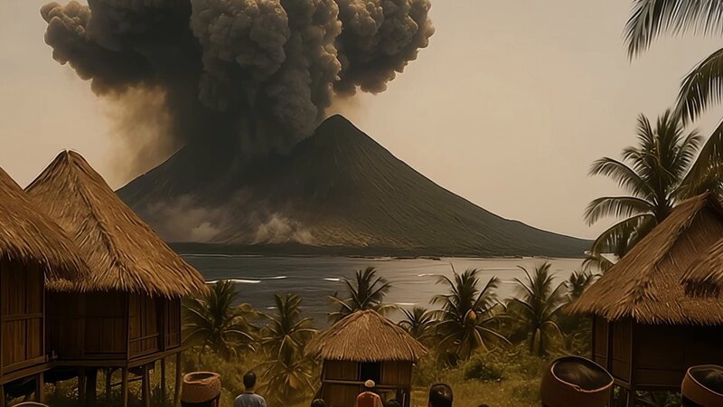 Ausbrechender Vulkan über einer tropischen Küste, gesehen von einer Siedlung mit Strohhütten. – Bild: A+E NETWORKS
