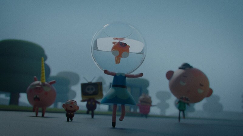 Die Klasse spielt Zombie: Ophelia (links), Bob (2. von links), Tilda Vision (Mitte links), Othello (Mitte rechts), Sven (rechts) und Goldie (vorne Mitte) wurden in gefräßige Zombies verwandelt und machen Jagd auf die letzten Nicht-Zombies. – Bild: ZDF