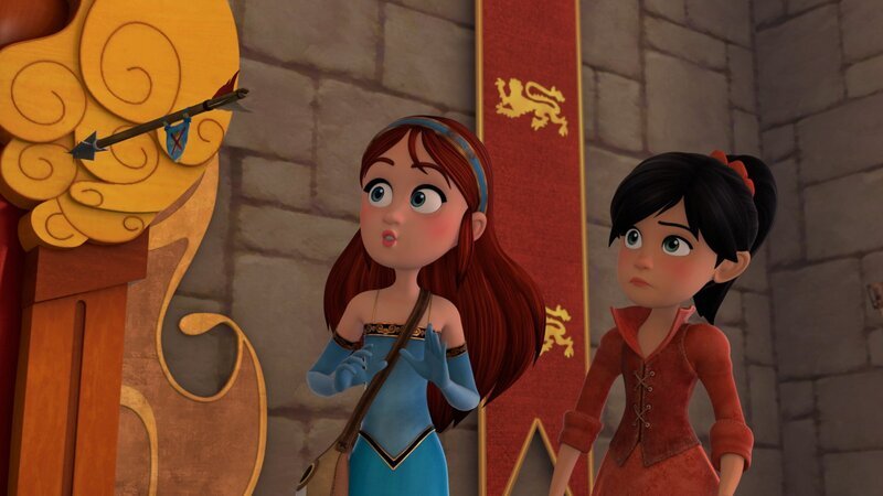 Auf Marian (l.) wird ein Attentat verübt, kurz bevor sie vor dem großen Rat sprechen soll. Scarlett (r.) ist skeptisch, ob das Attentat echt ist. – Bild: Method Animation – ZDF, ZDF Studios, KidsMe.