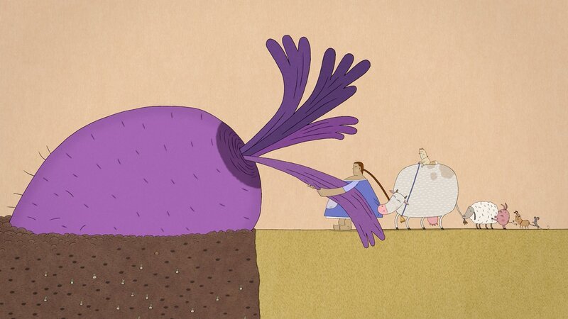 Keine leichte Aufgabe für Lena und ihre Tiere, die Riesenrübe zu ernten. – Bild: ZDF/​Studio Film Bilder/​Elena Walf