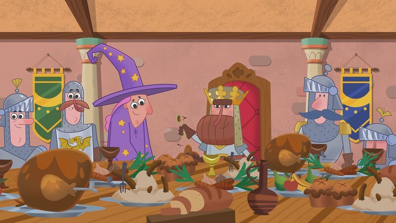 Merlin hat König Arthur einen runden Tisch gezaubert – jetzt können alle Ritter in seiner Nähe sitzen. – Bild: KiKA/​Dog Loves Productions Limited 2020