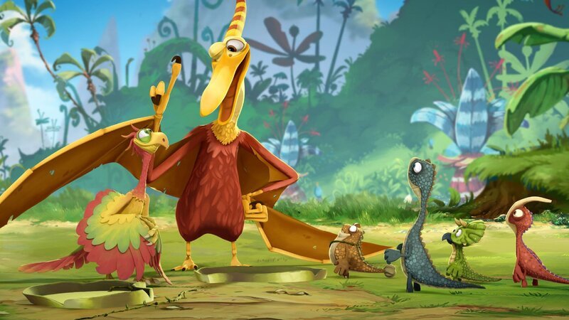 Archie (l.) würde gerne genauso gut fliegen können wie der Pterosaur Hegan (2.v.l.) – Bild: Cyber Group Studios S.A.S.