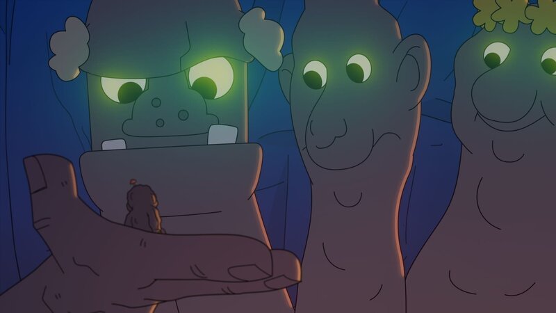 Kubbur, der kleine Nachttroll, scheint die anderen Nachttrolle bereits zu kennen, da die sich über ihn lustig machen. – Bild: NDR/​Compass Films