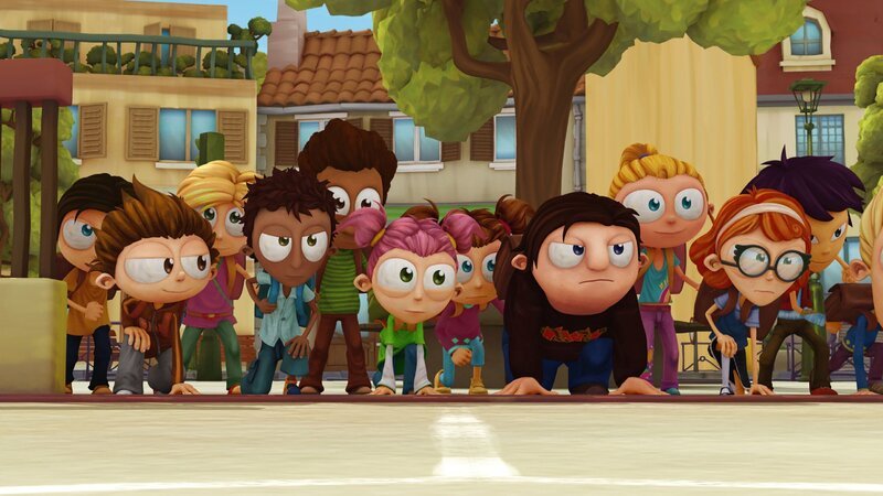 Angelo (vorne li.) und seine Klassenkameraden machen sich bereit für das Rennen um die besten Plätze in der Klasse. – Bild: Cake Entertainment