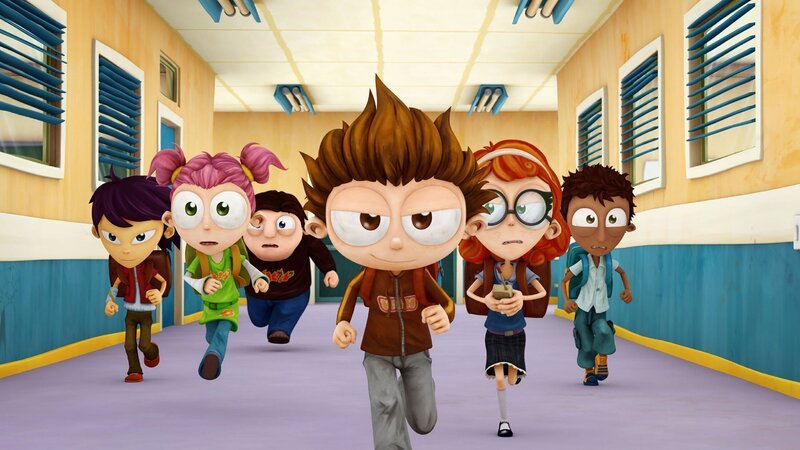 Angelo (vorne) hat durch eine Abkürzung die Spitze des Rennens erreicht. Das kann Becky (2.v.r.) jedoch nicht zulassen. – Bild: Cake Entertainment