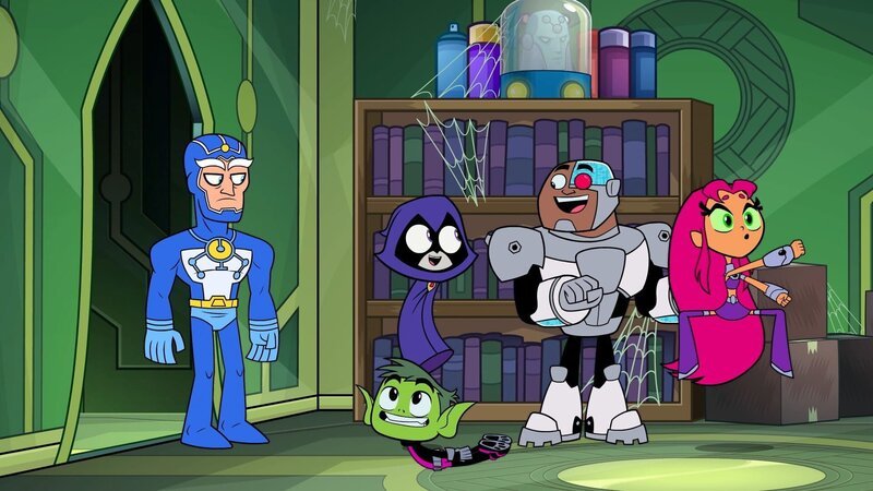 Beast Boy (2.v.l.), Raven (m.), Cyborg (2.v.r.), Starfire (r.) – Bild: Warner Bros. Entertainment Inc.