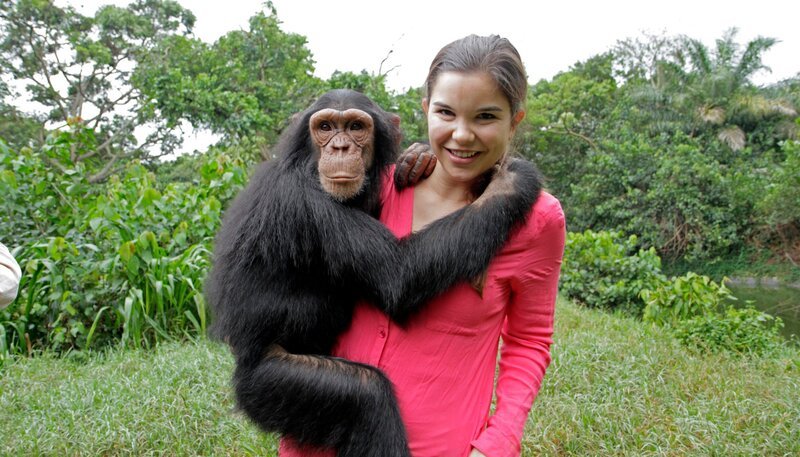 Der junge Schimpansen-Waise freut sich über die Zuwendung von Tierreporterin Anna. Weiteres Bildmaterial finden Sie unter www.br-foto.de. – Bild: BR/​TEXT + BILD Medienproduktion
